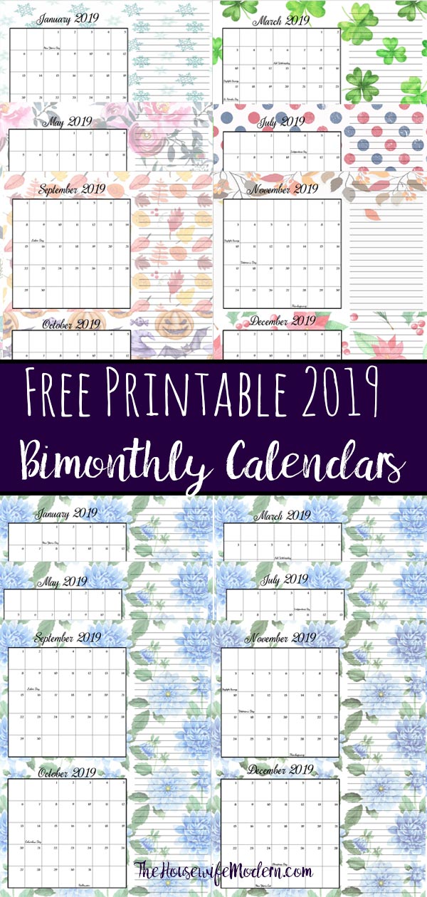 FREE Printable 2019 Bimonthly Calendars. Space for notes, holidays marked. 2 different designs! #free #freeprintable #printable #calendar #freecalendar #bimonthly #freeprintablecalendar