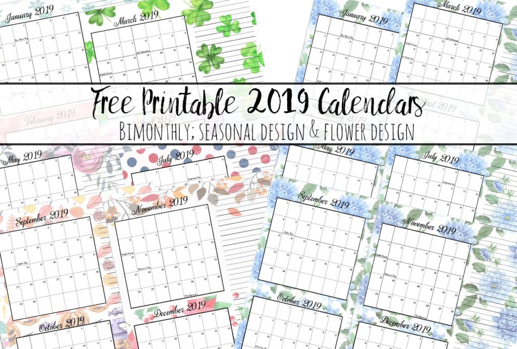 FREE Printable 2019 Bimonthly Calendars. Space for notes, holidays marked. 2 different designs!