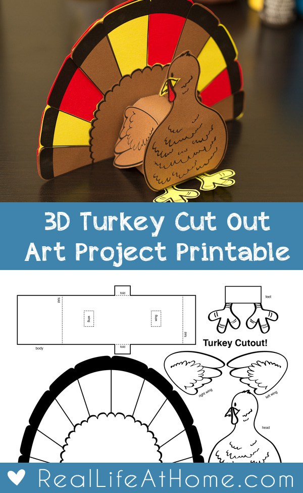 3D Turkey Cutout Art Project. Part of Free Thanksgiving Printables Round-Up. Over 50 free Thanksgiving printables including decor, planners, labels, food decoration, and more! #thanksgiving #free #printable #freeprintable #thanksgivingprintable