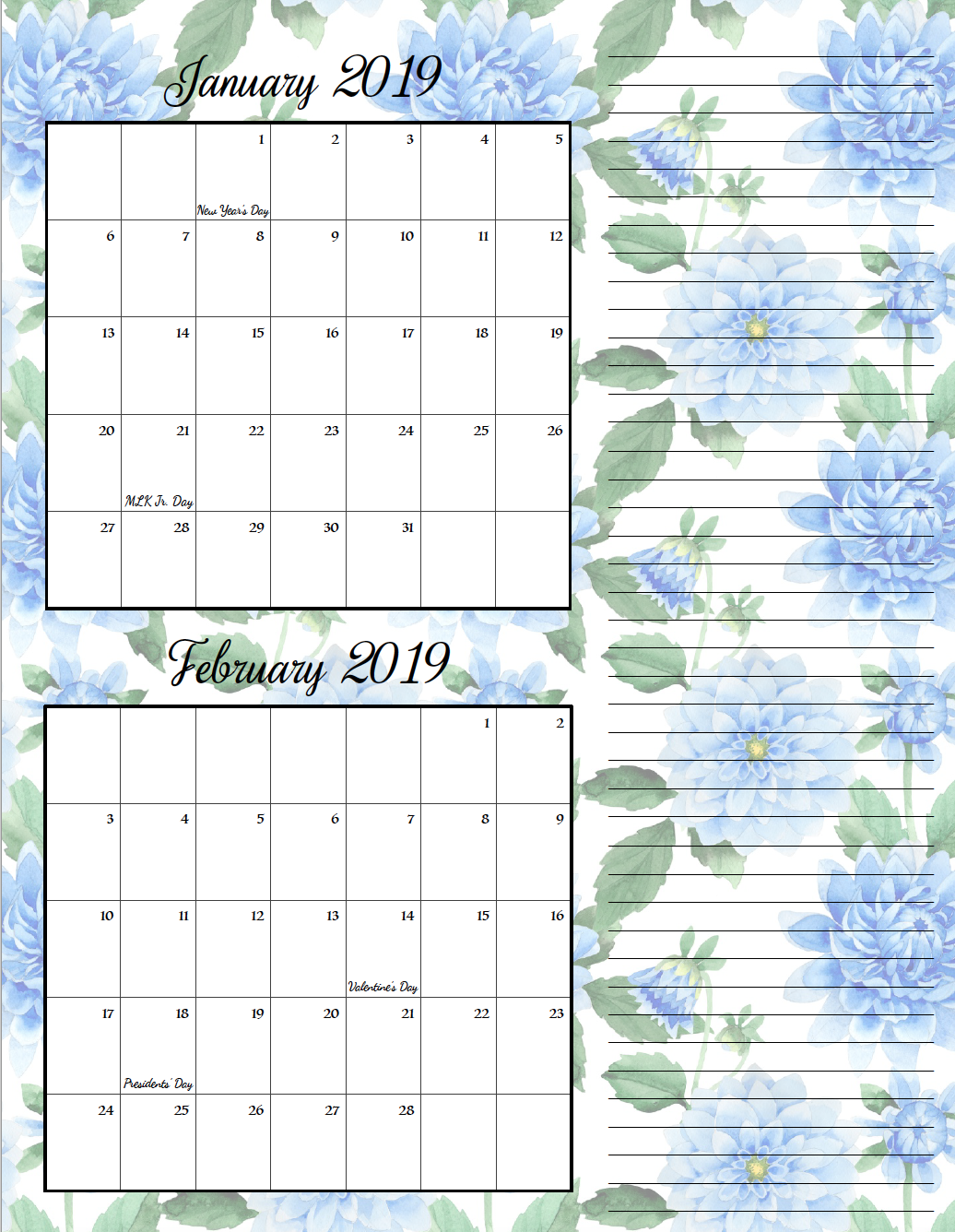 January/February. FREE Printable 2019 Bimonthly Calendars. Space for notes, holidays marked. 2 different designs! #free #freeprintable #printable #calendar #freecalendar #bimonthly #freeprintablecalendar