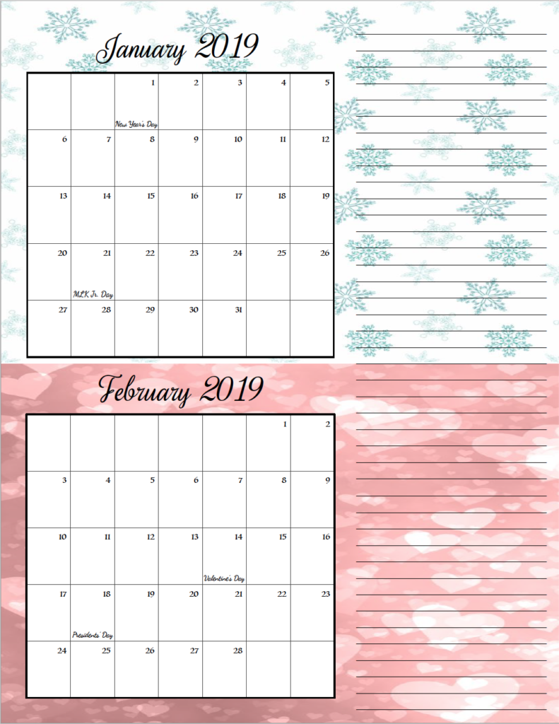 free printable 2019 bimonthly calendars 2 designs