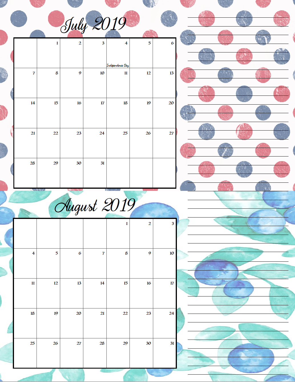 July/August. FREE Printable 2019 Bimonthly Calendars. Space for notes, holidays marked. 2 different designs! #free #freeprintable #printable #calendar #freecalendar #bimonthly #freeprintablecalendar