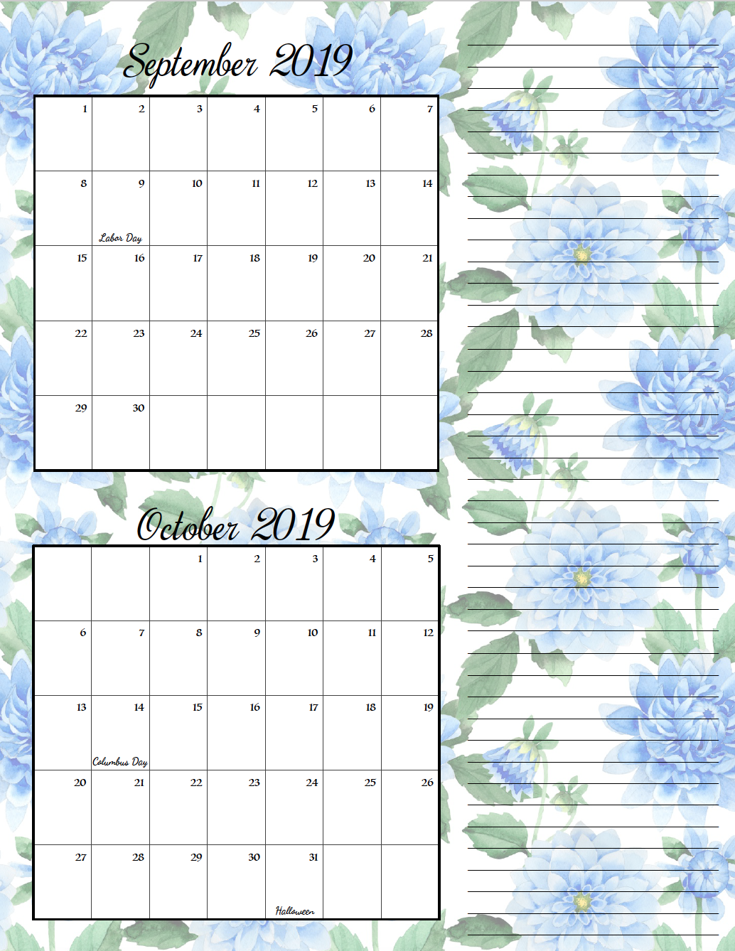 September/October. FREE Printable 2019 Bimonthly Calendars. Space for notes, holidays marked. 2 different designs! #free #freeprintable #printable #calendar #freecalendar #bimonthly #freeprintablecalendar