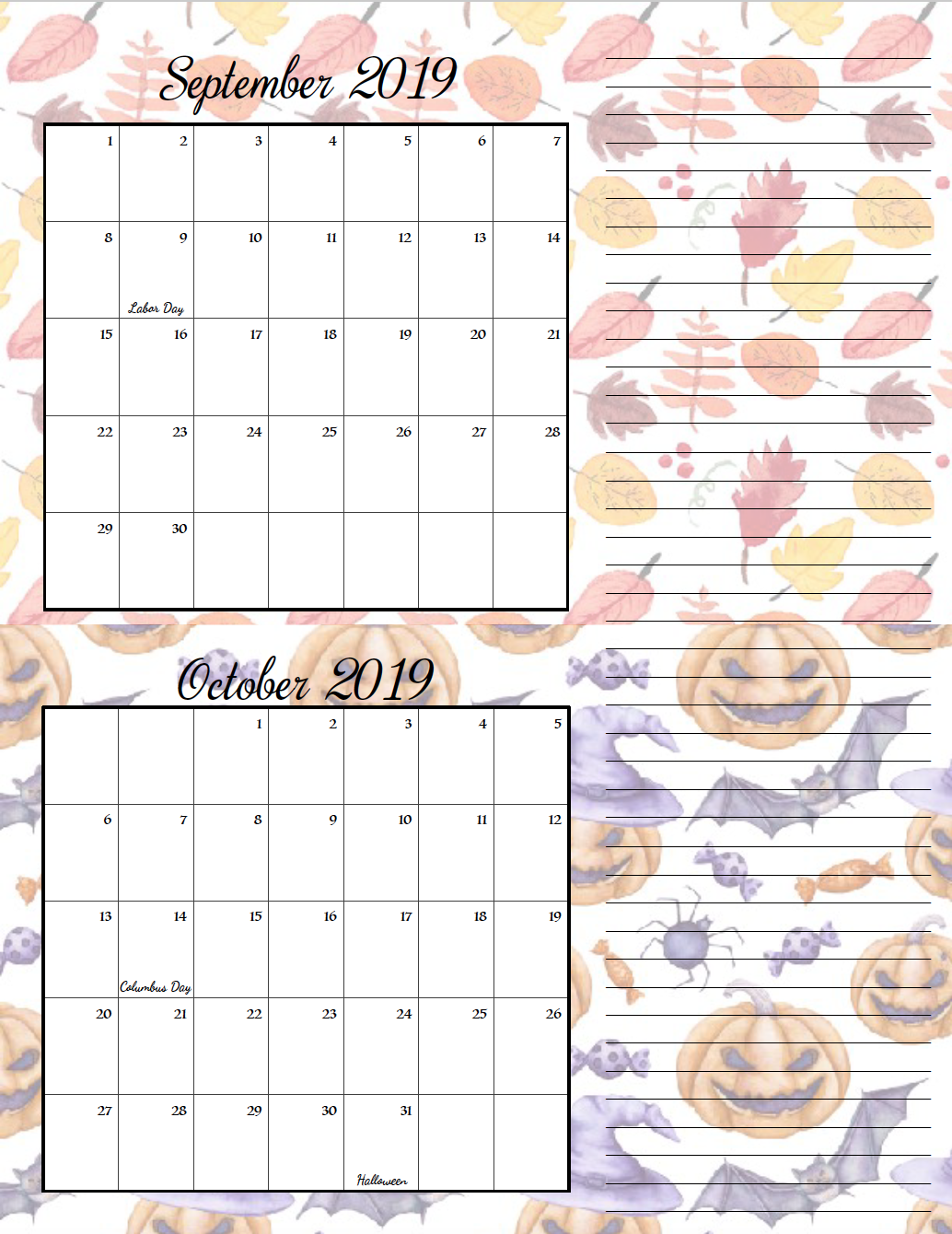 September/October. FREE Printable 2019 Bimonthly Calendars. Space for notes, holidays marked. 2 different designs! #free #freeprintable #printable #calendar #freecalendar #bimonthly #freeprintablecalendar