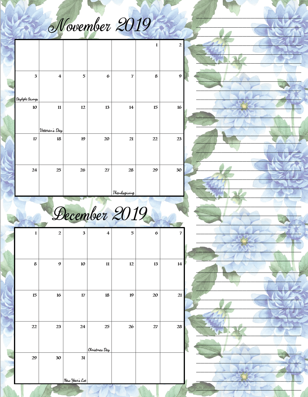 November/December. FREE Printable 2019 Bimonthly Calendars. Space for notes, holidays marked. 2 different designs! #free #freeprintable #printable #calendar #freecalendar #bimonthly #freeprintablecalendar