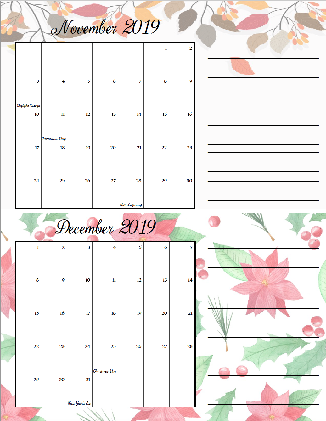 November/December. FREE Printable 2019 Bimonthly Calendars. Space for notes, holidays marked. 2 different designs! #free #freeprintable #printable #calendar #freecalendar #bimonthly #freeprintablecalendar