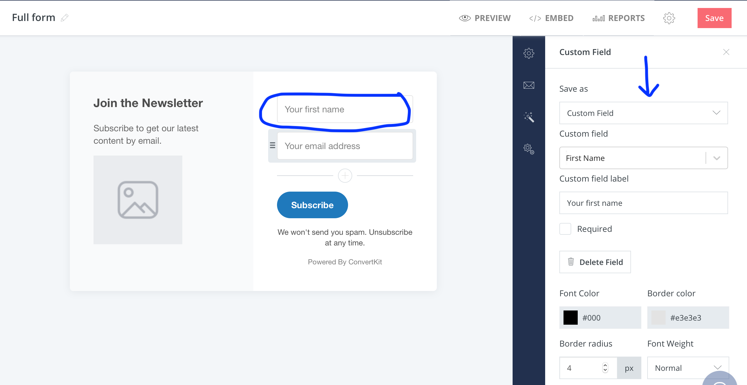 ConvertKit Forms7 You can also change what is shown in the subscriber boxes. The blue arrow shows all the options that you can change.