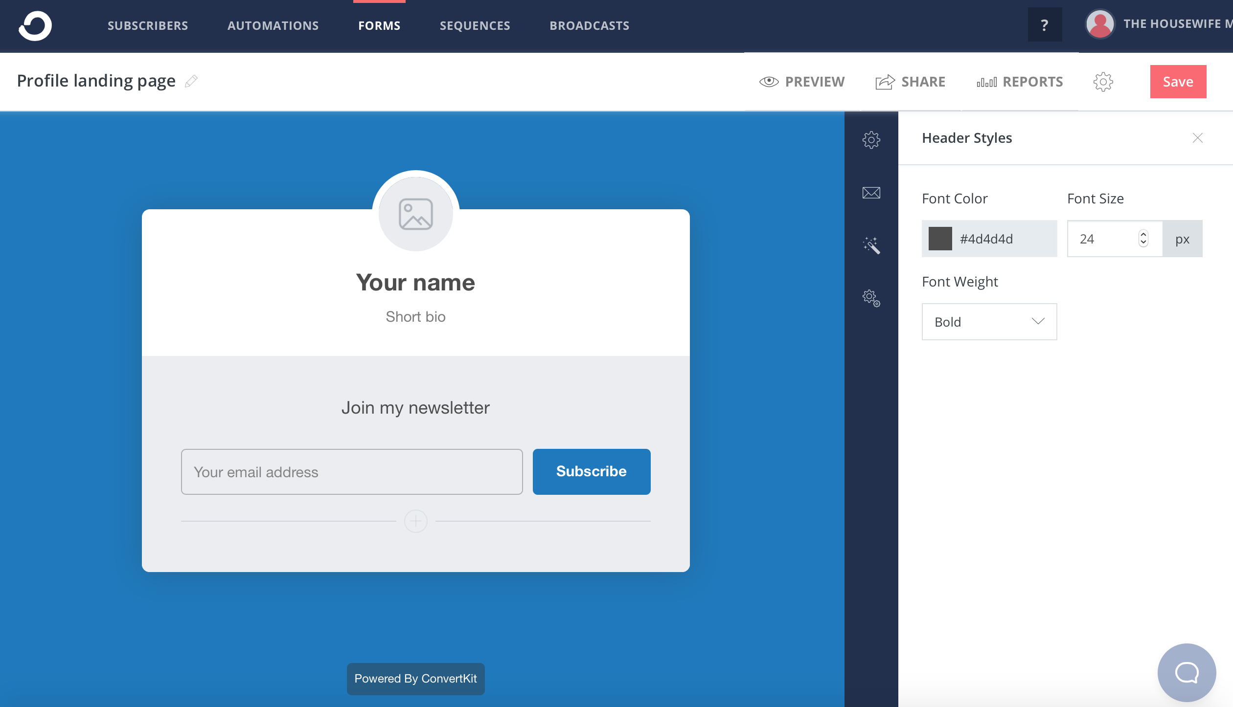 ConvertKit LandingPage2 As with regular forms, just click on what you want to edit, such as where it says "your name" and a box of options you can edit will pop up on your right.