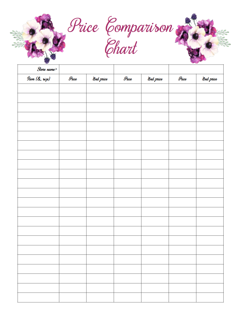 menu grocery printables grocery price tracker