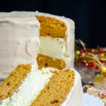 Vertical view of pumpkin cake cheesecake.