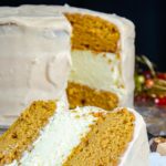 Pin image- short- of pumpkin cake cheesecake.