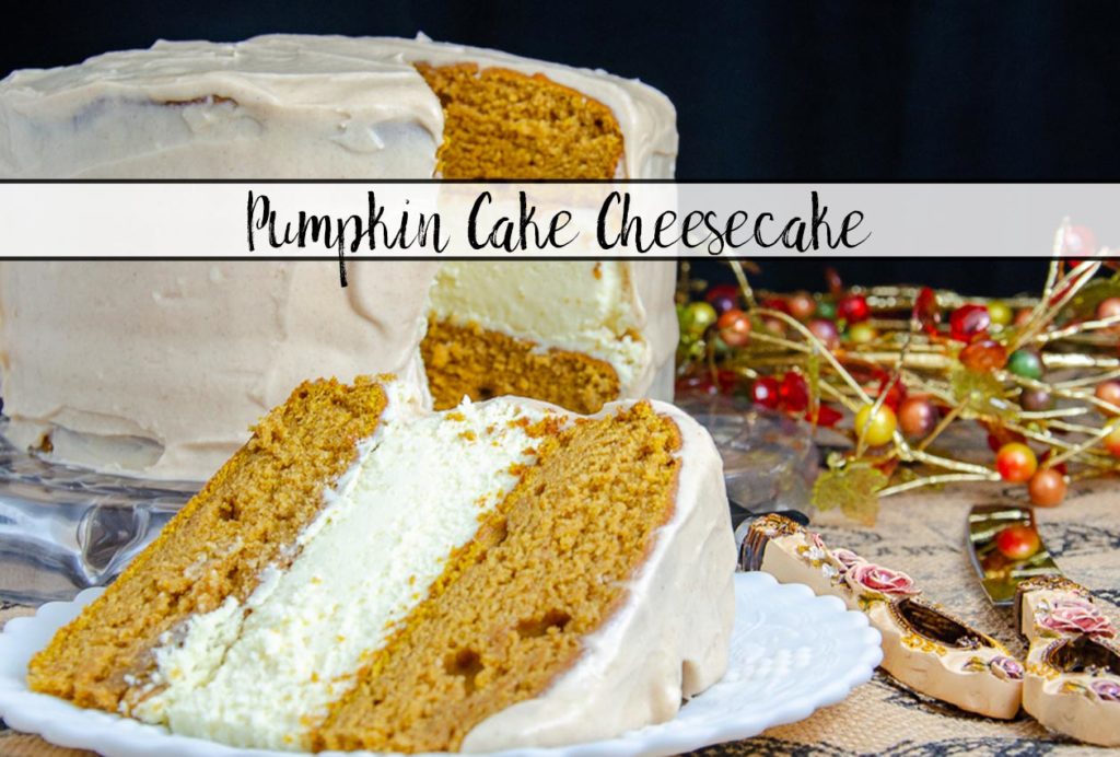 Featured image of pumpkin cake cheesecake.