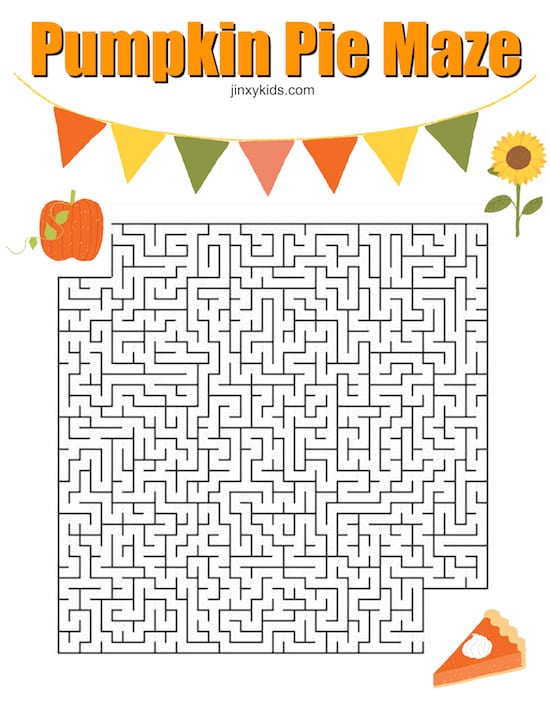Pumpkin-Pie-Maze-Chrysa Pumpkin Pie Maze. Part of Free Thanksgiving Printables Round-Up. Over 50 free Thanksgiving printables including decor, planners, labels, food decoration, and more! #thanksgiving #free #printable #freeprintable #thanksgivingprintable