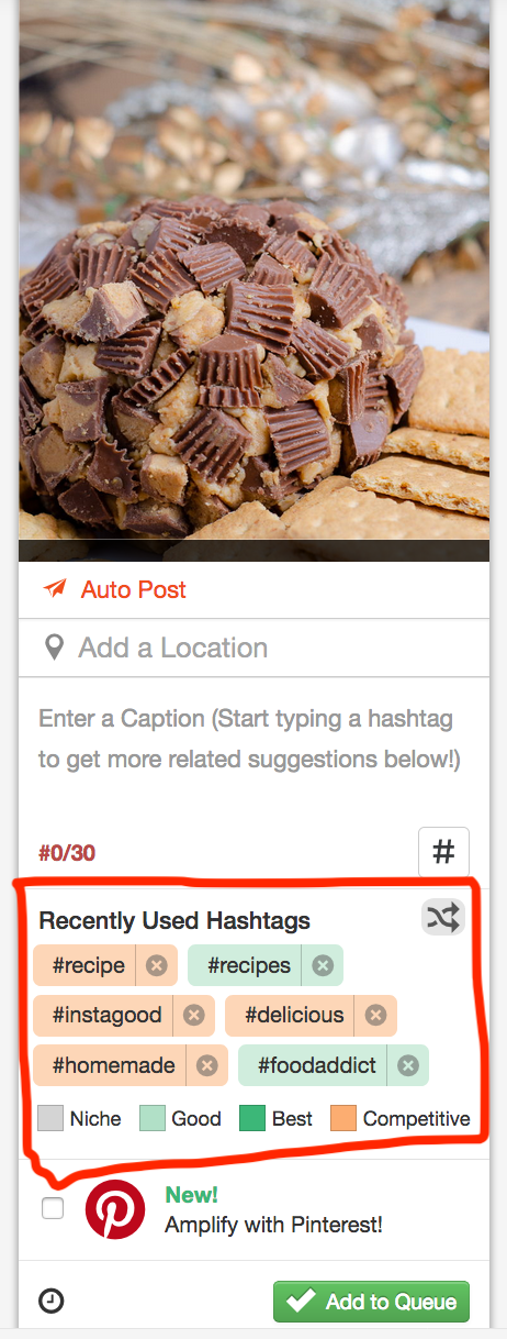 Once your image is uploaded, you can type in your caption. Suggested hashtags pop up and you can see even more suggestions by clicking the "two crossing arrows" button.
