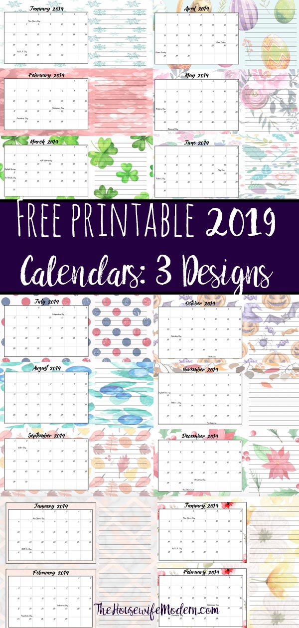 Free Printable 2019 Quarterly Calendars with Holidays: 3 Designs. Holiday theme, bright and floral theme, and classic elegant theme- choose which works for you! #free #printable #freeprintable #calendars #2019calendars