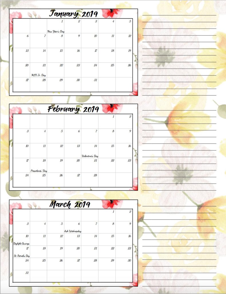 Free Printable 2019 Quarterly Calendars With Holidays 3