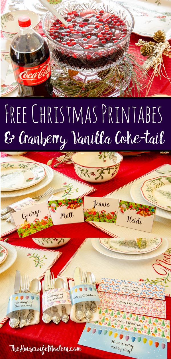 Cranberry Vanilla Coke-tail Plus Free Christmas Table Printables! Delicious drink recipe and free printable napkin rings and table place cards. #christmas #christmasprintables #printable #freeprintable #Coketail #GiftACoke #ad