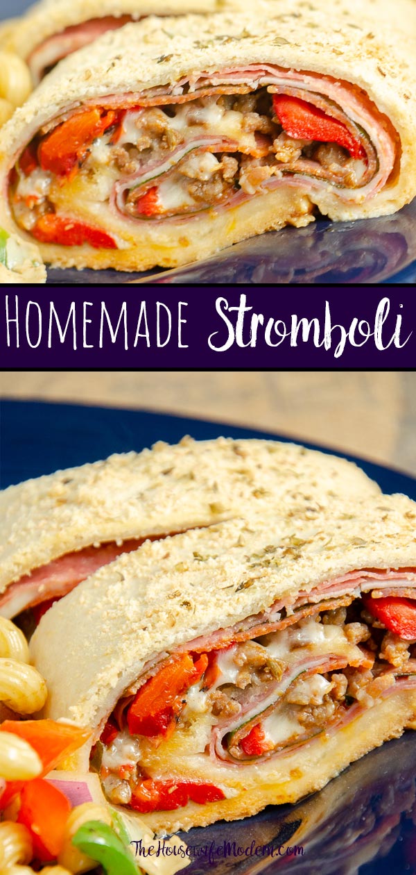 Homemade Stromboli- Like Your Favorite Pizzeria. Easy to make, loaded with 4 meats, 2 cheeses, & vegetables. Great for dinner or an appetizer. #stromboli #Italian #appetizer #dinner #homemade #fromscratch