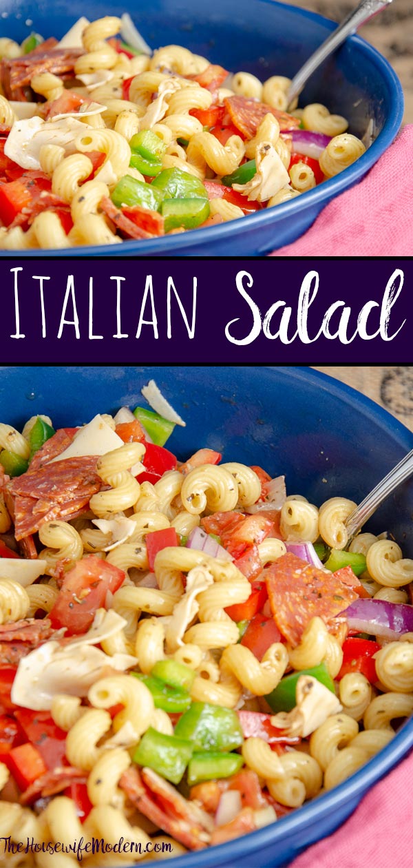 Italian Pasta Salad. Quick and easy. Favorite tangy Italian flavors- pasta, provolone, pepperoni, vegetables, and easy homemade vinaigrette. #italian #italianpastasalad #pastasalad #sidedish #tangy #provolone #pepperoni