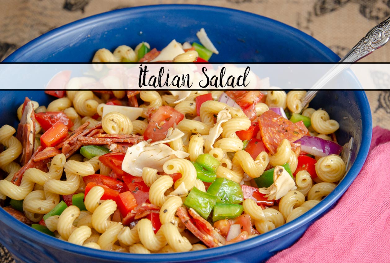 Italian Pasta Salad. Quick and easy. Favorite tangy Italian flavors- pasta, provolone, pepperoni, vegetables, and easy homemade vinaigrette.