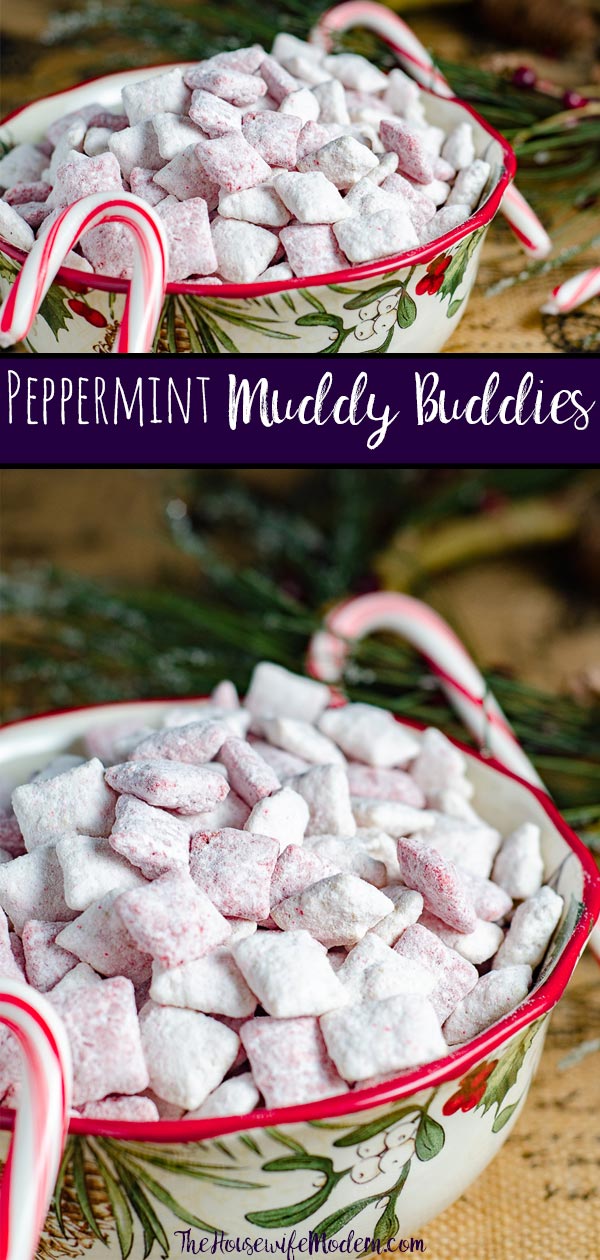 Peppermint Muddy Buddies/ Candy Cane Muddy Buddies. Easy, delicious snack loaded with peppermint flavor. Perfect treat for Christmas. #peppermint #muddybuddies #puppychow #peppermintmuddybuddies