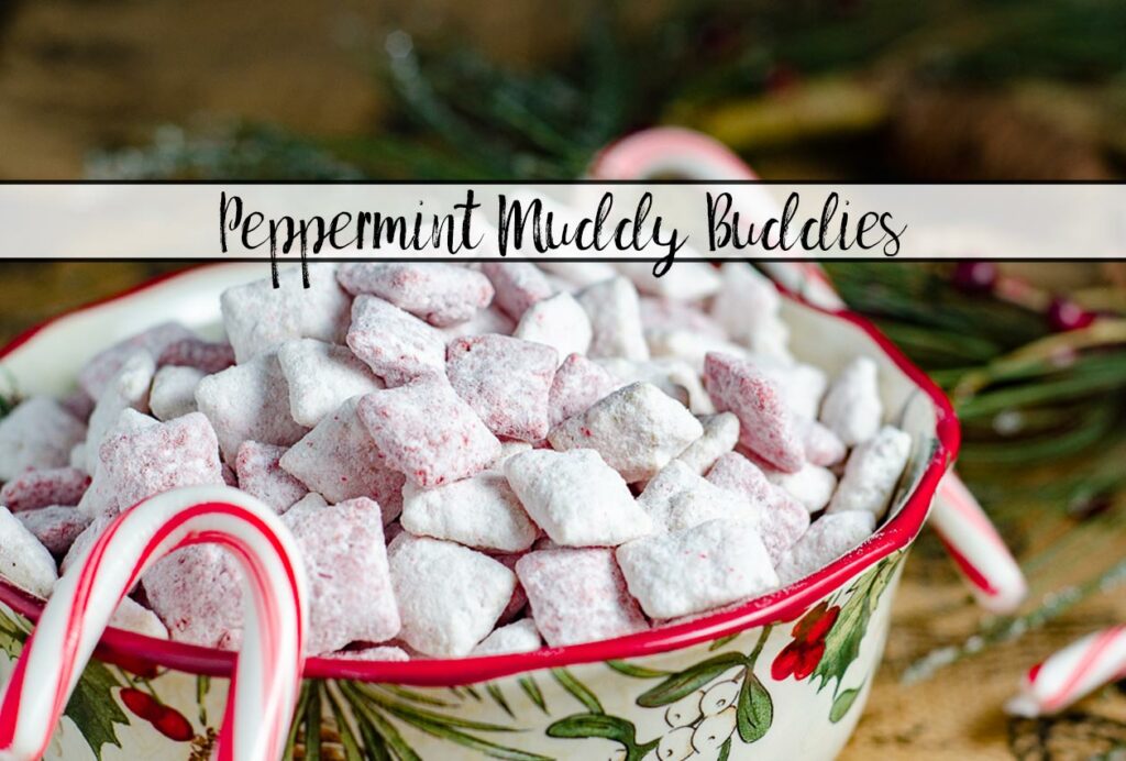 Peppermint Muddy Buddies/ Candy Cane Muddy Buddies. Easy, delicious snack loaded with peppermint flavor. Perfect treat for Christmas.