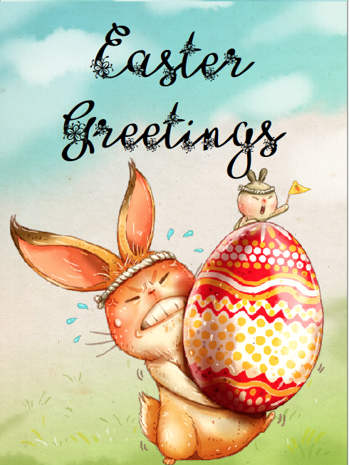 Easter bunny lifting heavy egg easter card. Free Printable Easter Cards. 4 different, adorable designs for everyone you know- children, friends, and family. #easter #card #eastercards