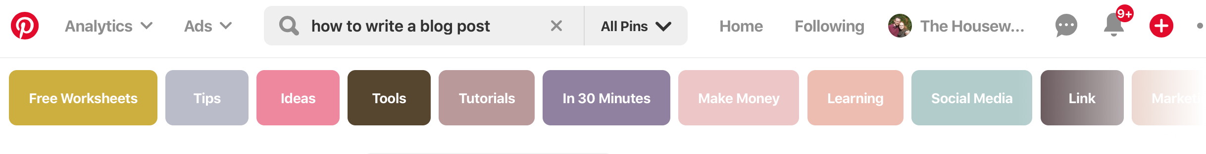 After you complete your search, pinterest will show a bunch of words to narrow down your search in various colors across the top of the screen.