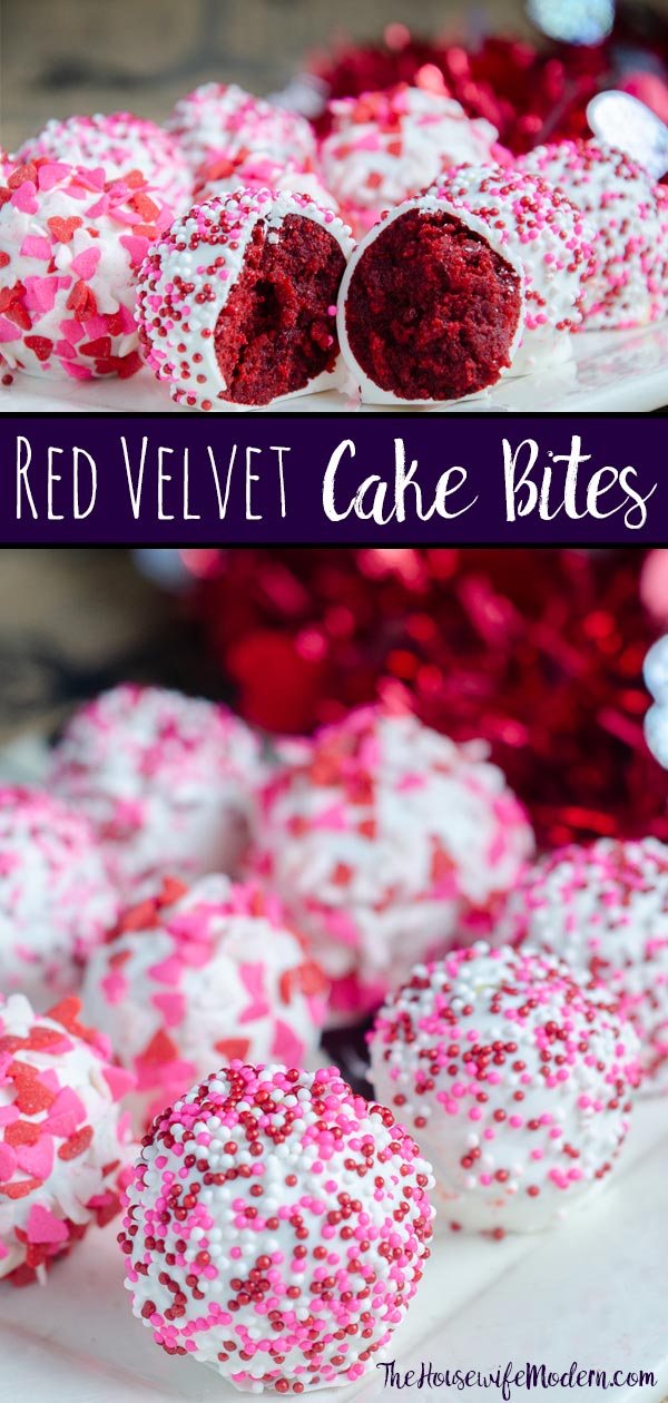 Red Velvet Cake Bites_Pin1 Red Velvet Cake Bites. Moist red velvet mixed with luscious white chocolate cream cheese frosting. A classy, beautiful dessert for all occasions. #redvelvet #cake #cakebites #cakepop