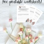 Pin image for self-limiting beliefs. Flowers on white cotton background, book, preview of worksheets, text overlay.