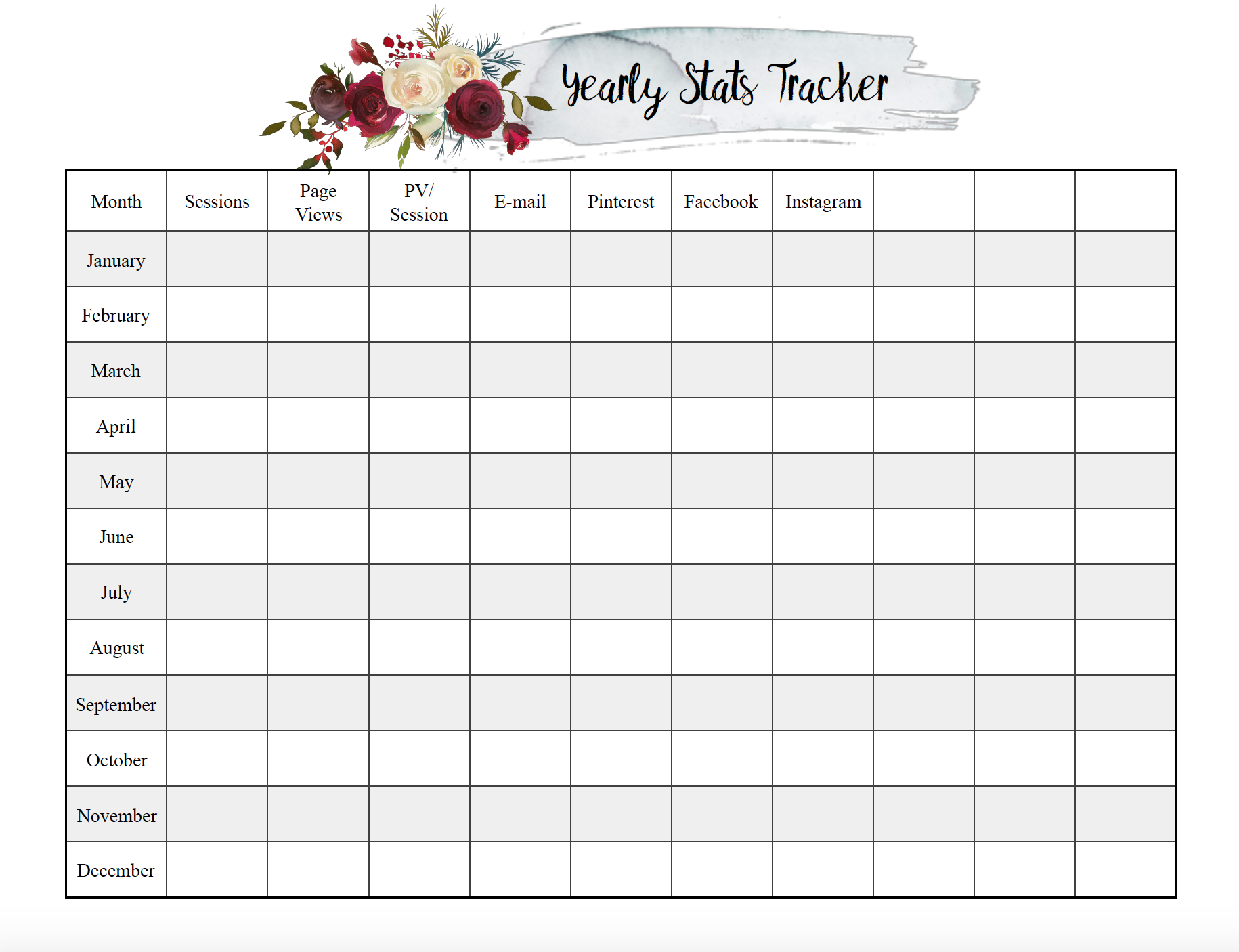 Yearly Stats Tracker_png Yearly Blog Statistics. Free Printable Blog and Social Media Statistics Trackers. Two different trackers allow you to do monthly assessments as well as look at your year at a glance. #blog #blogging #free #printable #freeprintable #blogstats