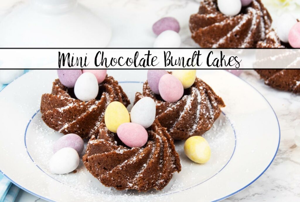 This mini chocolate bundt cake recipe is perfect for Easter. Made with a delicious chocolate batter and decorated with mini chocolate eggs.