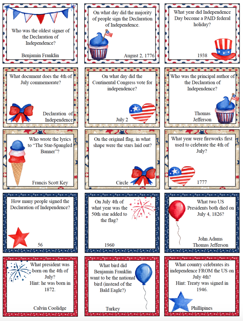 Free printable 4th of July trivia. Page 1