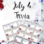 Pin image for free printable 4th of July trivia. Garland background with preview of trivia pages.