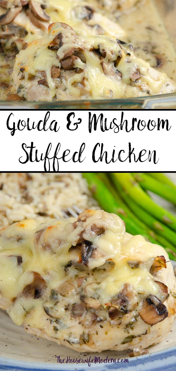 Gouda Mushroom Chicken_Pin1 Long pin image of gouda and mushroom stuffed chicken. Two pictures with text overlay.