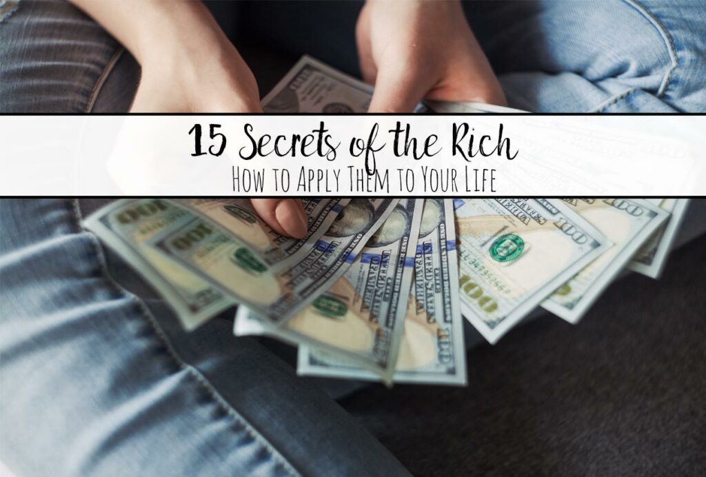 Featured image of secrets of rich people. Person holding fan of money with text overlay.