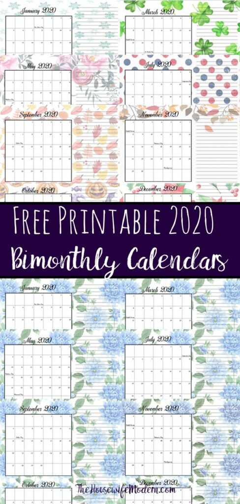Pin image collage of 2020 bimonthly calendars.