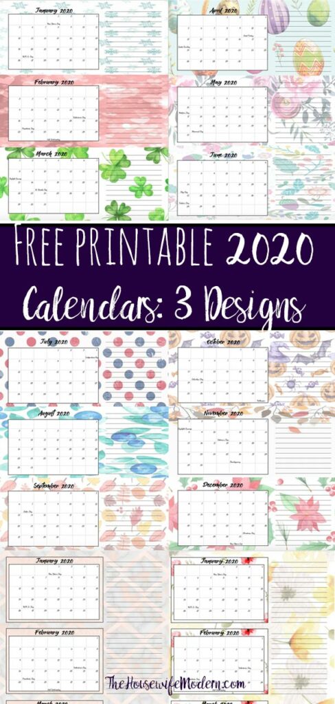 Pin image for 2020 free printable quarterly calendars.