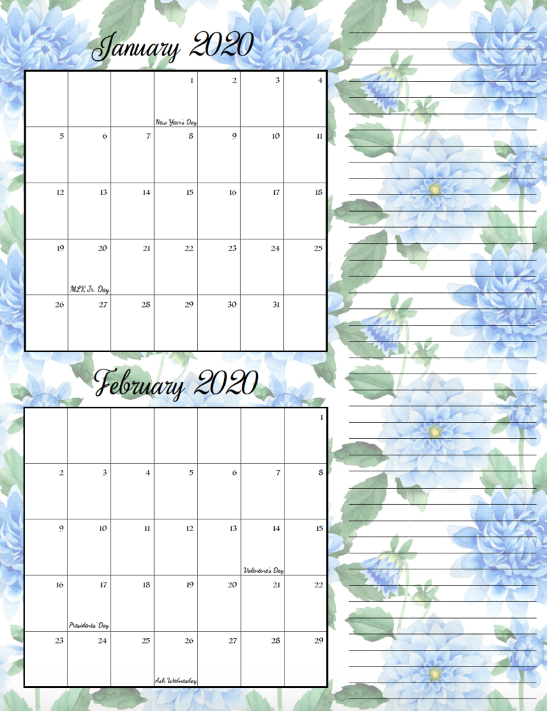 Floral theme January/February bimonthly calendar.