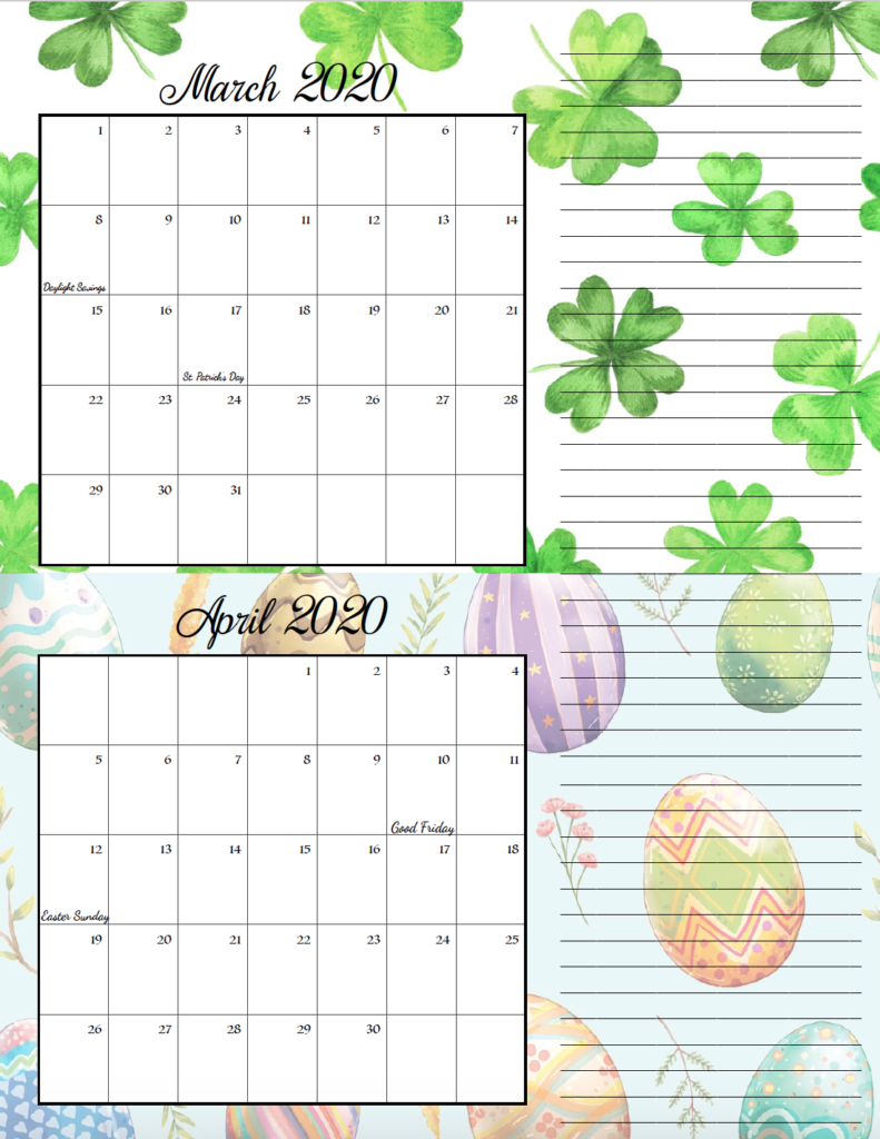 Holiday theme March/April bimonthly calendar.