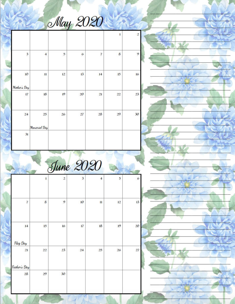 Floral theme May/June bimonthly calendar.