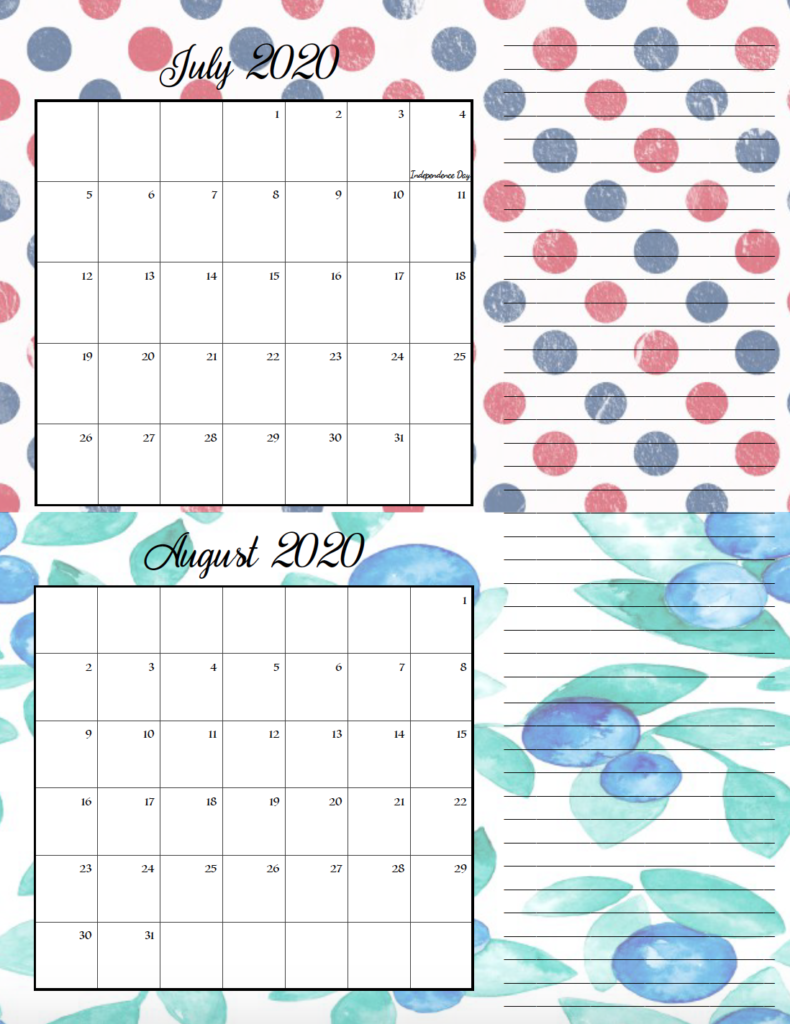 Holiday theme July/August bimonthly calendar.