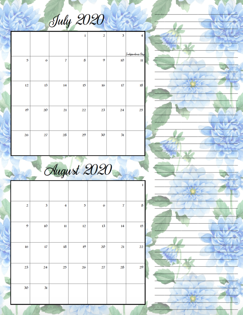 Floral theme July/August bimonthly calendar.