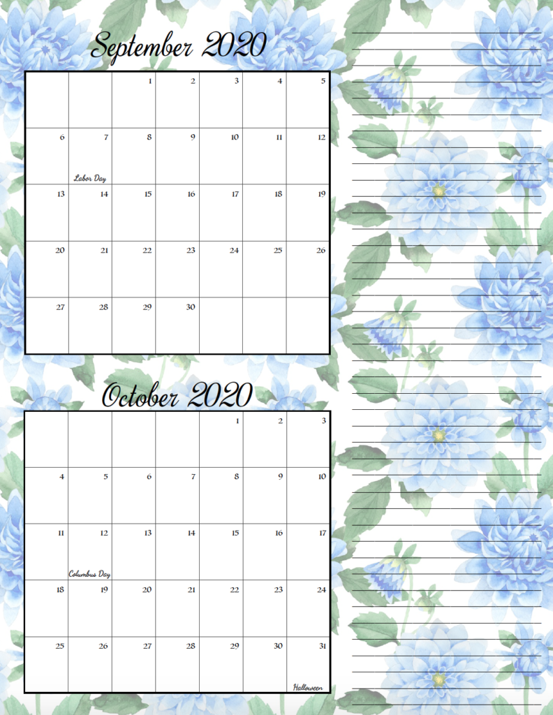 Floral theme September/October bimonthly calendar.