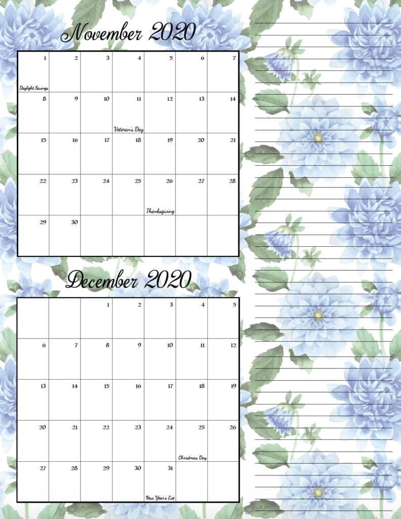 Floral theme November/December bimonthly calendar.