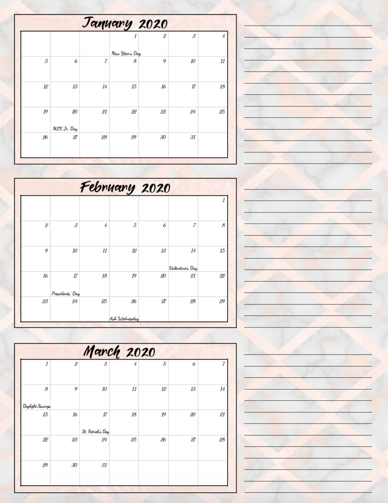 1st quarter rose gold and gray theme free printable 2020 calendar.
