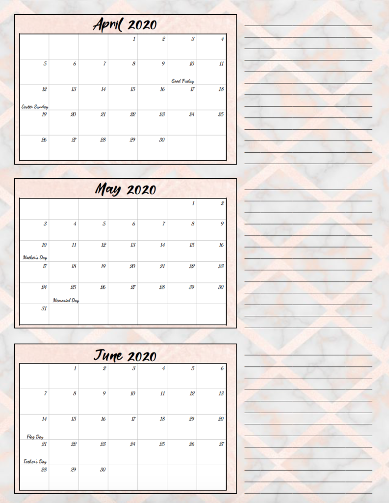 2nd quarter rose gold and gray theme free printable 2020 calendar.