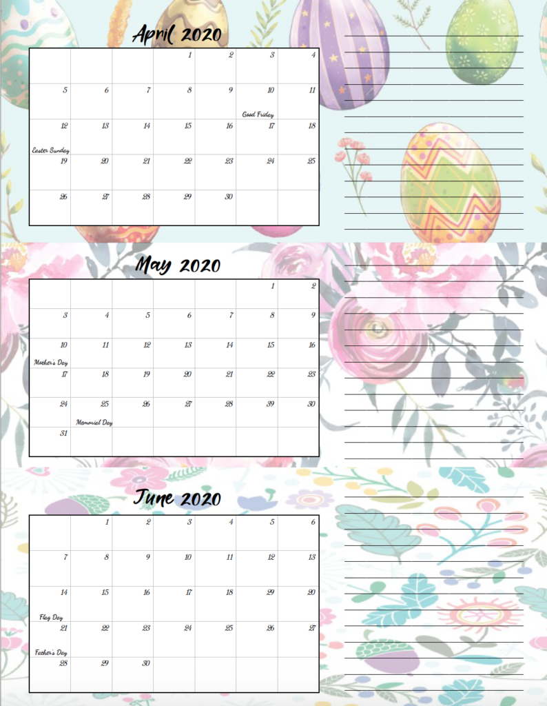 2nd quarter holiday-theme free printable 2020 calendar.