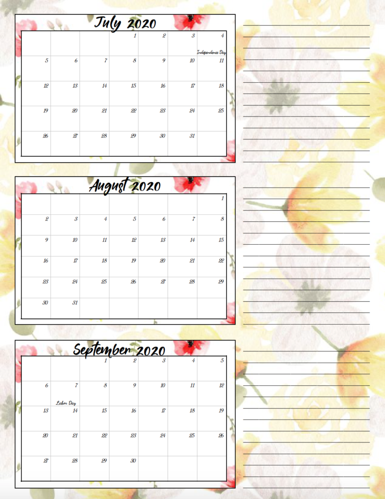 3rd quarter lemon yellow and rose theme free printable 2020 calendar.