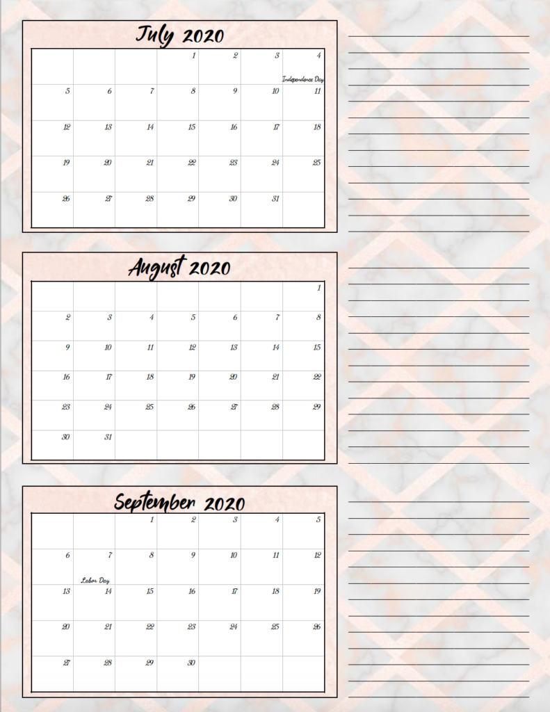 3rd quarter rose gold and gray theme free printable 2020 calendar.